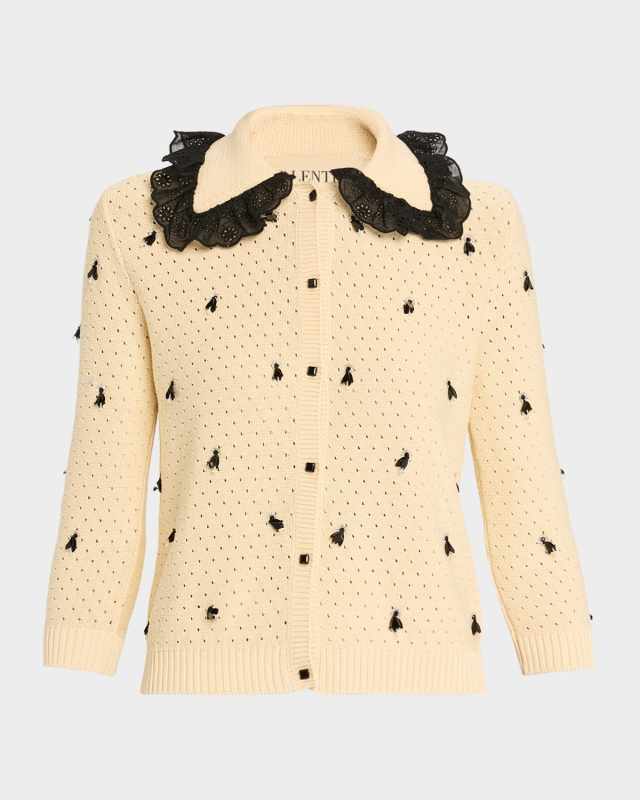Pointelle Micro Tassel Ruffled Cardigan